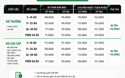BẢNG GIÁ ÁO THUN ĐỒNG PHỤC - VÕ PHỤC THIỀU DẦN